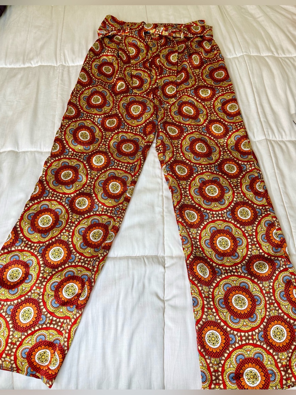 Ellison kaleidoscope vibrant satin wide leg pants pockets button and zip 2 EC